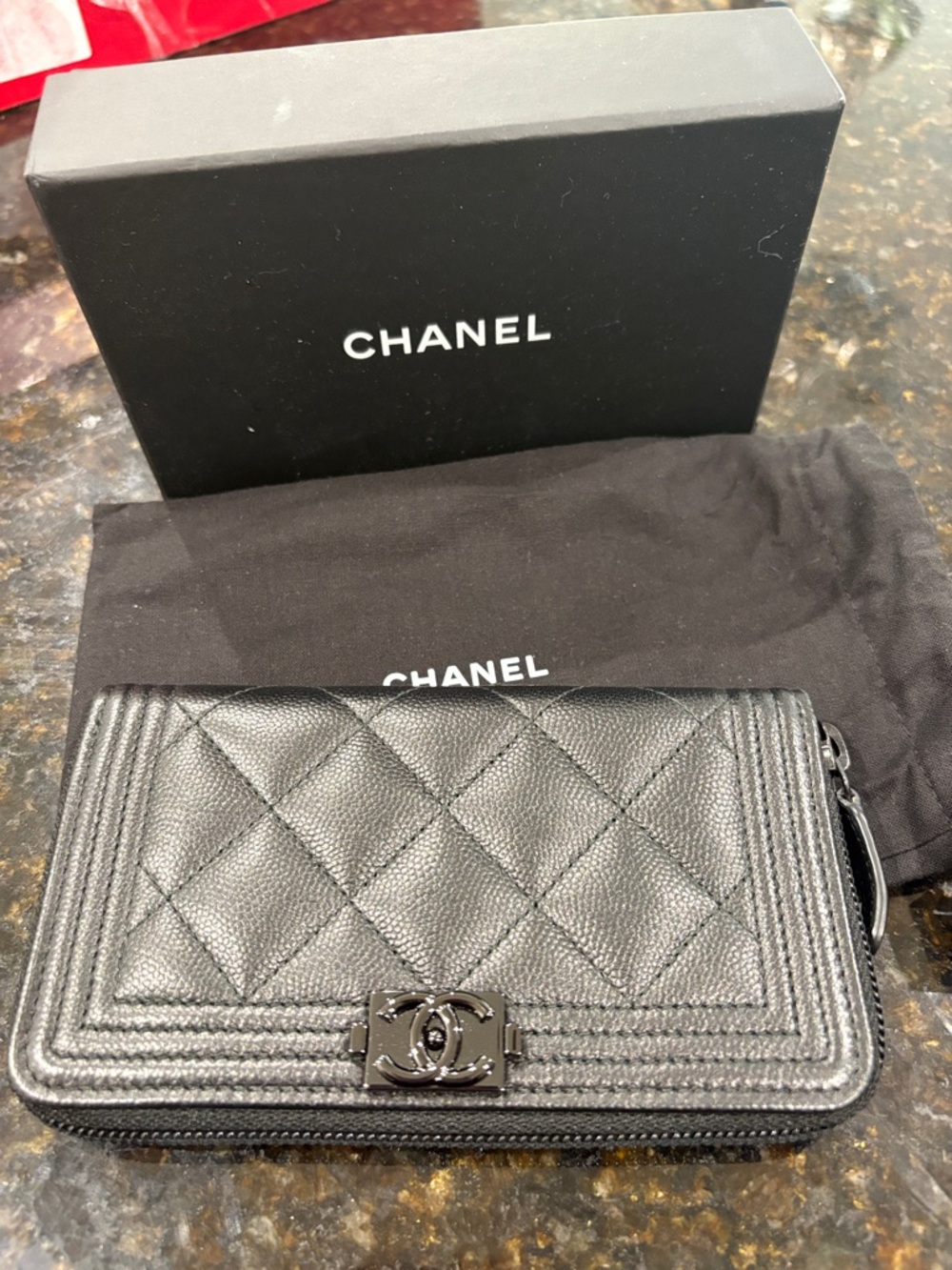 CHANEL Black Quilted Zip Wallet with CC Logo